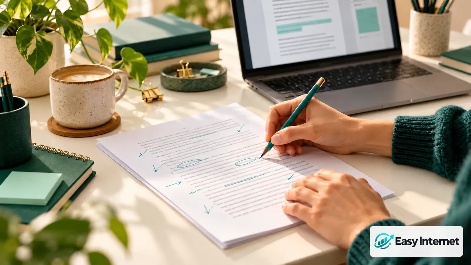 Des mains corrigent au crayon un texte imprimé, à côté d'un ordinateur portable sur un bureau clair.