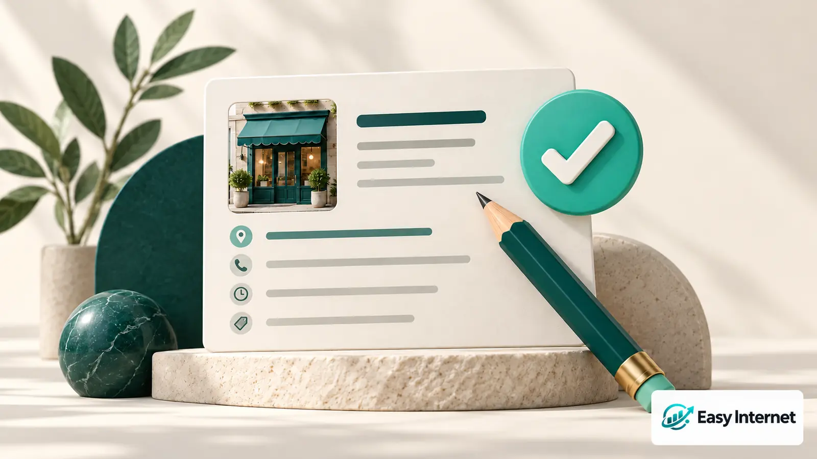 Illustration d'une fiche d'entreprise abstraite, d'un crayon et d'une coche dans des tons turquoise.
