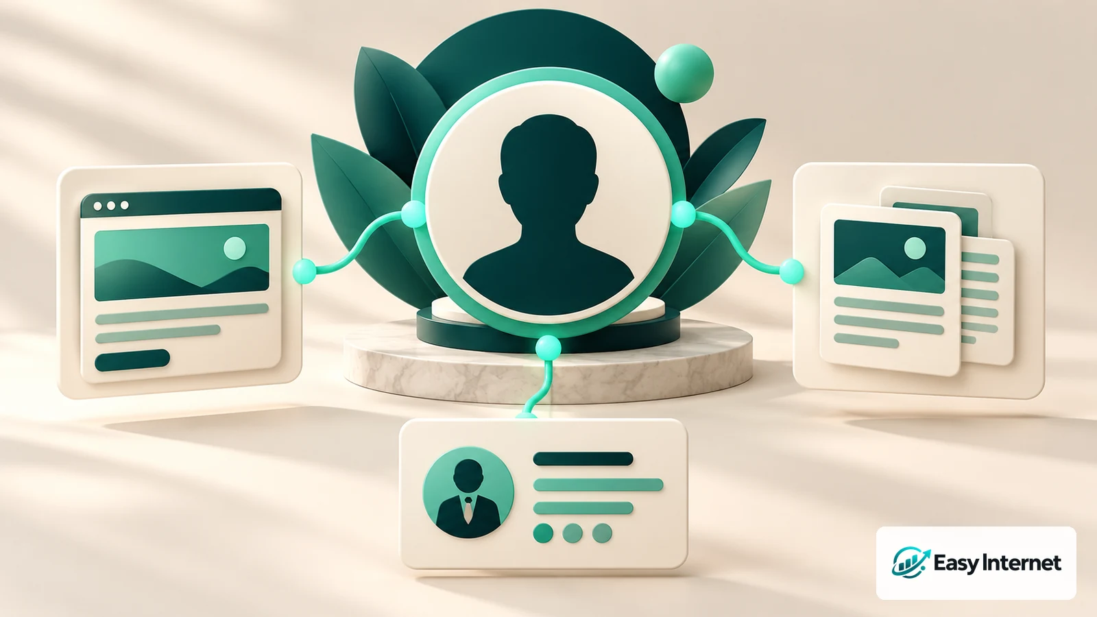 Carte abstraite de profil public reliée à des cartes de site web, d'article et d'identité professionnelle