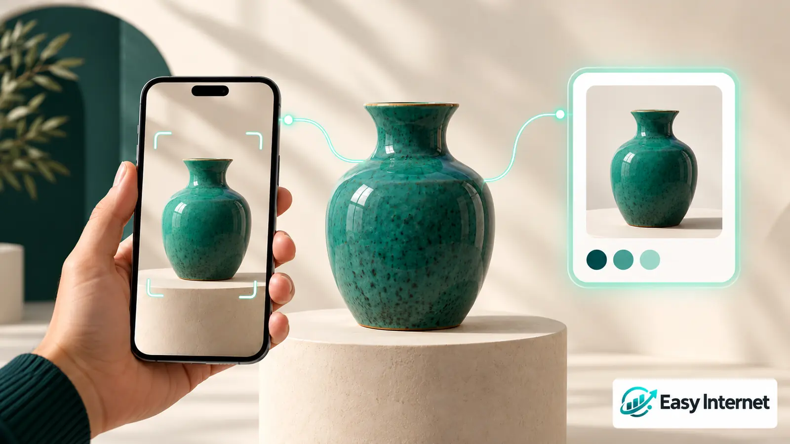 Un téléphone photographie un vase turquoise et est relié par des lignes à une carte de résultat abstraite.